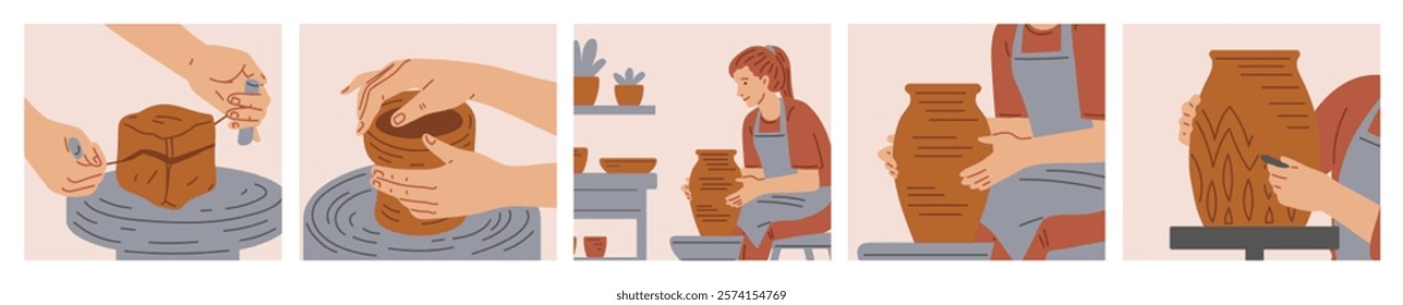 Vector banner with a set of illustrations of the process of making ceramic dishes. General plan with a character and a close-up of hands, where they form, mold and apply a pattern to a clay product.