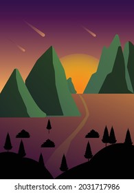 vector banner set with meteor shower moenig vector illustration Polygon Horizontal Moon Mountain - Flat Design