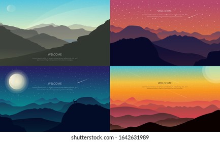 Vector banner set with mountain landscape, minimalist style and a flat design. Backgrounds Illustrations 