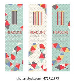 Vector banner set of school supplies are suspended on a rope, back to school concept.