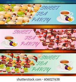 Vector banner set with sweets and cup of tea