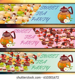 Vector banner set with sweets and teapot
