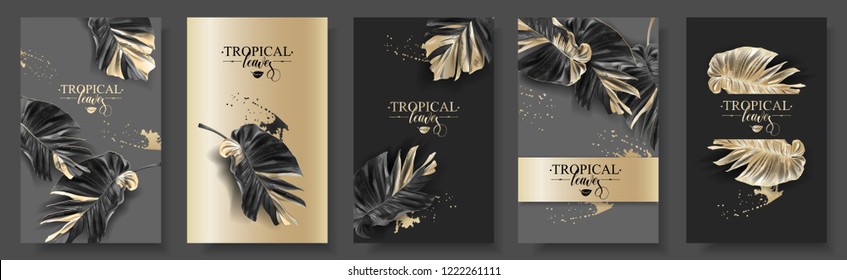 Pancarta vectorial con hojas negras tropicales y dorado salpicado en fondo oscuro. Diseño botánico exótico de lujo para cosméticos, spa, perfume, aroma, salón de belleza. Mejor carta de invitación de boda