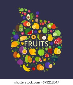 Vector banner in shape of apple with inscription in the middle. Various fruits isolated on dark background.