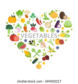 Vector banner in shape of heart with inscription in the middle. Various vegetables isolated on white background.