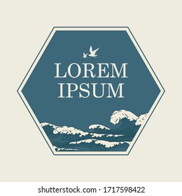 Vector banner in the shape of a hexagon with hand-drawn waves, white gulls in the sky and a place for text. Decorative illustration with sea or ocean stormy waves in retro style