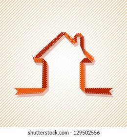 Vector banner in shape of house made from red paper ribbon. Abstract sign of real estate. Simple illustration with stylized silhouette of cottage. Origami background with text box for presentation