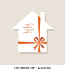 Vector Banner In Shape Of House With Red Paper Ribbon And Bow. Abstract Sign Real Estate For Sale. Simple Illustration For Business Card Of Realtor Agency. Background With Text Box For Presentation