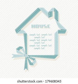 Vector banner in shape of house with red paper ribbon and bow. Abstract sign real estate for sale. Simple illustration for print, web