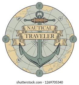 Vector banner with a ship anchor and ribbons with words Nautical, Traveler. Illustration on the theme of travel, adventure and discovery on the background of old map in retro style