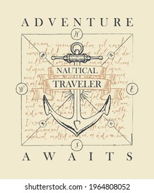Vector banner with a ship anchor and ribbons with words Adventure awaits. Illustration on the theme of travel, adventure and discovery on the background of handwritten text Lorem ipsum in retro style