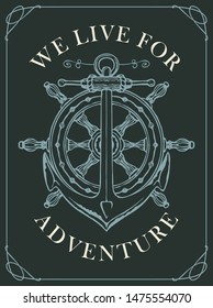 Vector banner with a ship anchor and steering wheel in retro style. Illustration on the theme of travel, adventure and discovery