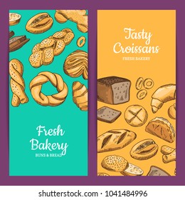 Vector banner or shop flyer templates with hand drawn colored bakery elements and place for text illustration