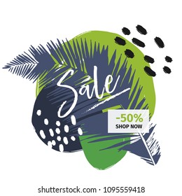 Vector banner for shop web site. Summer sale. Tropical trendy theme. Palm leaves brush spot. Business promotion, social media marketing, SMM, flyer, online shopping, advertisting coupon, newsletter.