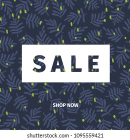 Vector banner for shop web site. Summer sale. Tropical trendy theme. Palm leaves on dark blue. Business promotion, social media marketing, SMM, flyer, online shopping, advertisting coupon, newsletter.