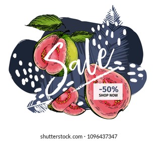 Vector banner for shop web site. Summer sale. Tropical trendy palm leaf ans hand drawn guava. Business promotion, social media marketing, SMM, flyer, online shopping, advertisting coupon, newsletter