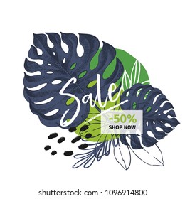 Vector banner for shop web site. Summer sale. Tropical trendy theme. Palm leaves, brush spot. Business promotion, social media marketing, SMM, flyer, online shopping, advertisting coupon, newsletter.