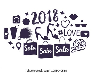 Vector banner of shopping 2018. Set of  sale symbols isolated on white background.