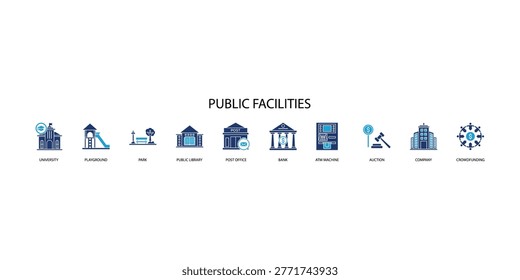 Vector banner showcasing public facilities such as education finance recreation and civic service access points in consistent outline style
