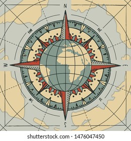 Vector banner with sign of compass wind rose and globe planet earth in retro style. Illustration on the theme of travel, adventure and discovery on the background of old map