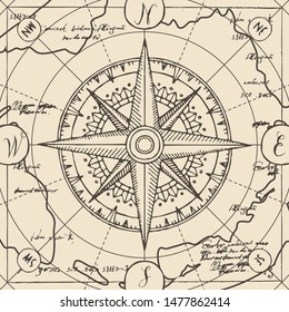 Vector banner with sign of compass wind rose in retro style. Illustration on the theme of travel, adventure and discovery on the background of old map