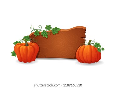 Vector banner, sign, icon template. Wooden signboard with ripe orange pumpkin with green vines and leaves on each side. Autumn, halloween, harvest, thanksgiving design isolated on white.