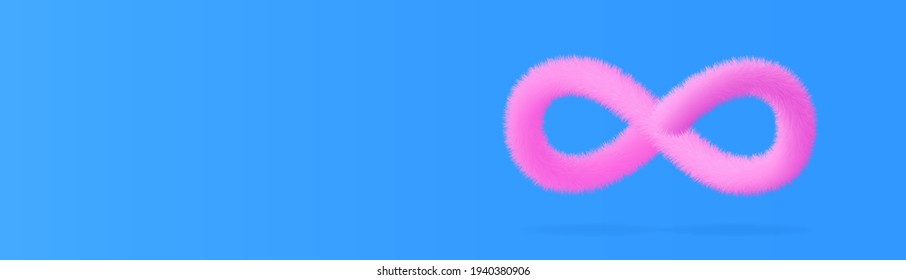 Vektorbanner signiert unendlich. Unendliches Symbol in Form von rosafarbener Wolle auf blauem Hintergrund. Das Konzept der ewigen Rabatte, Waren, Promotionen. Unbegrenzte Einkaufsmöglichkeiten 