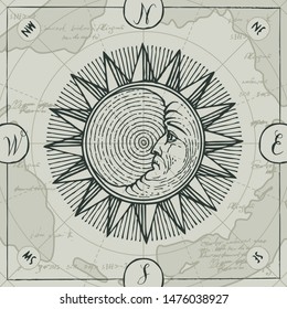 Vector banner with sign of moon and wind rose in retro style. Illustration on the theme of travel, adventure and discovery on the background of old map