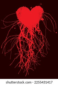 Vektorbanner mit markiertem rotem Herz, Blutgefäßen und Venen oder Baumwurzeln. Abstrakte handgezeichnete Illustration zum Thema Liebe, Kunst. Geeignet für Poster, Tattoo, T-Shirt Design