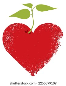 Cartel vectorial con el corazón rojo de signo y brote con hojas. Resumen de ilustración a mano sobre el tema del amor, arte. Adecuado para afiches, tatuajes, diseño de camisetas