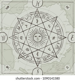 Vector banner with sign of sun and wind rose in retro style. Illustration on the theme of travel, adventure and discovery on the background of old map