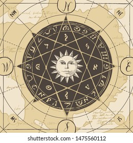 Vector banner with sign of sun and wind rose in retro style. Illustration on the theme of travel, adventure and discovery on the background of old map