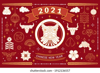 Vector banner with signs and symbols of 2021 on the Chinese calendar. Metal bull, ox zodiac, chine lucky for New Year. Elements for Chinese New Year's design.