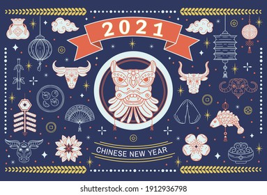 Vector banner with signs and symbols of 2021 on the Chinese calendar. Metal bull, ox zodiac, chine lucky for New Year. Elements for Chinese New Year's design.
