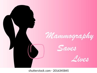 Vector banner silhouette of a girl on mammography screening, x-ray testing to reduce risk of breast cancer. Healthcare poster a woman with breast and background Mammography Saves Lives.