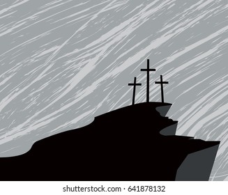 vector banner with silhouette mountain and three crosses on the background of dark rainy sky