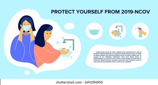 Vector banner for the site. Coronavirus control and healthcare. Image of masked people, protection against the virus. Virus control measures: wear a mask and wash your hands.
