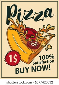 Vector banner with slice of pizza, handwritten inscription and price one dollar in retro style. Fast food, healthy and unhealthy food, pop art illustration