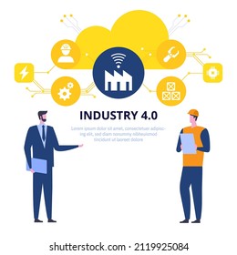 Vector banner of Smart Industry 4.0 concept. Engineers work remotely in automated production with wireless control and robot technologies. Poster design with character illustration on white background