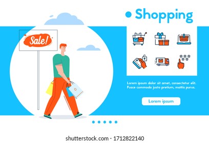 Cartel vectorial de sonriente sostiene muchos paquetes de compras, venta minorista, venta. Juego de iconos lineales en color - carrito de supermercados, descuentos regalo, compras en línea, comentarios, entrega, cliente feliz