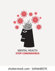Vector banner with snakes instead of a brain in the human head, with viral cells and inscriptions. Mental health and Stop coronavirus concept poster. Global pandemic COVID-19