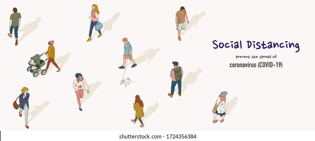 Vector banner of social distancing concept. People keep distance from each other in public to protect from COVID-19. Hand drawn style illustration.