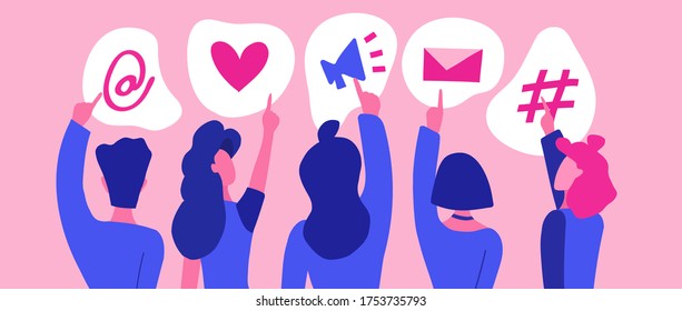 Vector banner social media network in flat style. Digital symbols of applications for bloggers and authors who share content with the audience. Electronic marketing, subscribers and ideas of social