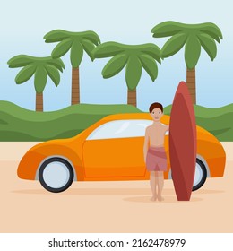 Vector banner for social media, posts, posters . Summer banner : a car near the sea, a beach, palm trees, surfboards and a boy.