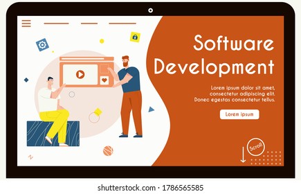 Vector banner of software development concept. Men point to webpage template video player, discuss work tasks, workflow. Character illustration of people working on project together, office coworkers
