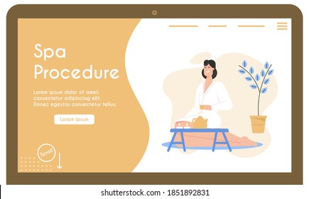 Vector banner of Spa Procedure concept. Smiling woman in bathrobe relaxing and drinking tea, sitting at low table. Recreation cosmetic procedures and wellness. Character illustration of landing page