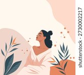 Vector banner with space for text, beautiful woman with closed eyes, botanical elements. Pastel background, abstract. For beauty, wellness, spa, meditation, self-care, Women