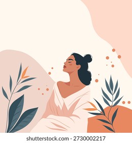 Vector banner with space for text, beautiful woman with closed eyes, botanical elements. Pastel background, abstract. For beauty, wellness, spa, meditation, self-care, Women's Day or March 8th cards