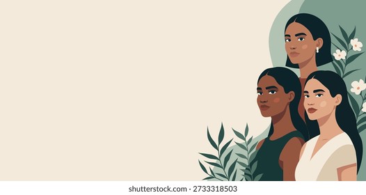 Vector banner with space for text depicting women of different cultures, skin tone standing together. Symbol equality, unity, freedom, empowerment. Use for Women's Day, women's health, social projects