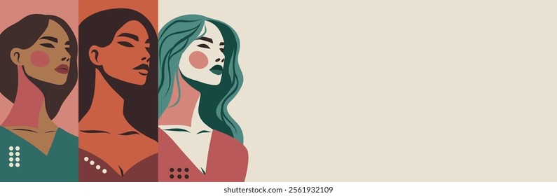 Vector banner with space for text different portraits of women in abstract style. Strong women represent feminism, freedom, equality and protection of women's rights. Postcard for the holiday Women's 